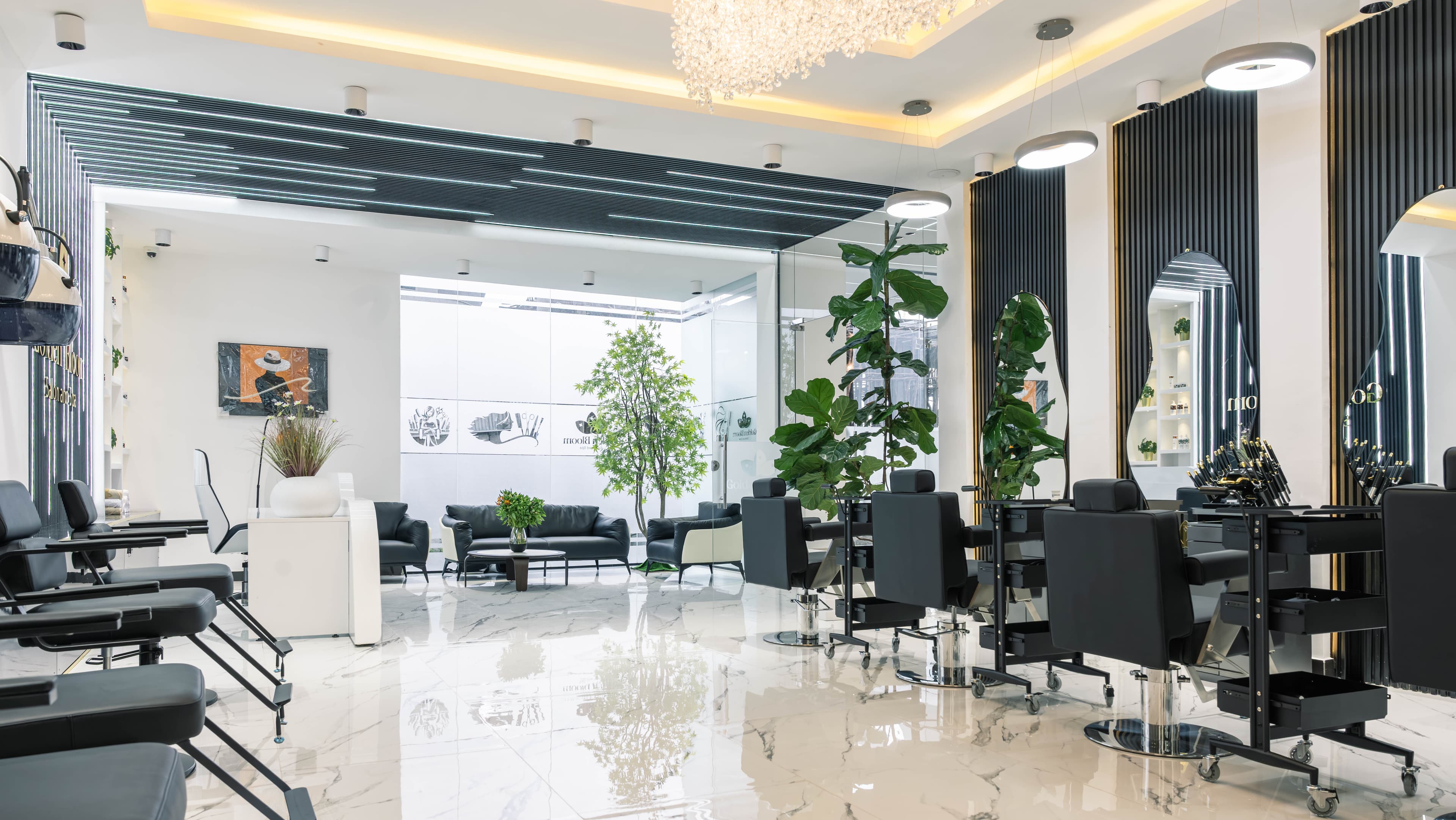 Golden Bloom logo on the reception feature wall